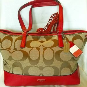 Tan and Red Leather Coach Purse